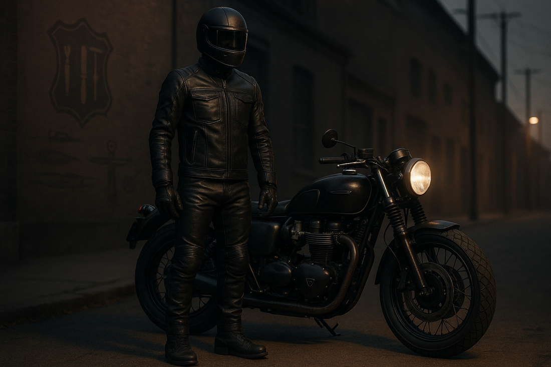 Motorcycle rider wearing custom handcrafted black leather motorbike gear including jacket, gloves, boots, and suit standing next to classic motorbike on urban street at dusk