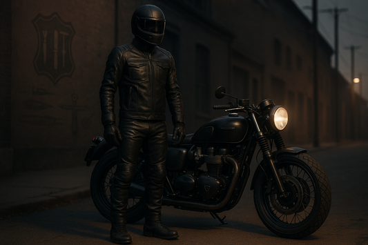 Motorcycle rider wearing custom handcrafted black leather motorbike gear including jacket, gloves, boots, and suit standing next to classic motorbike on urban street at dusk