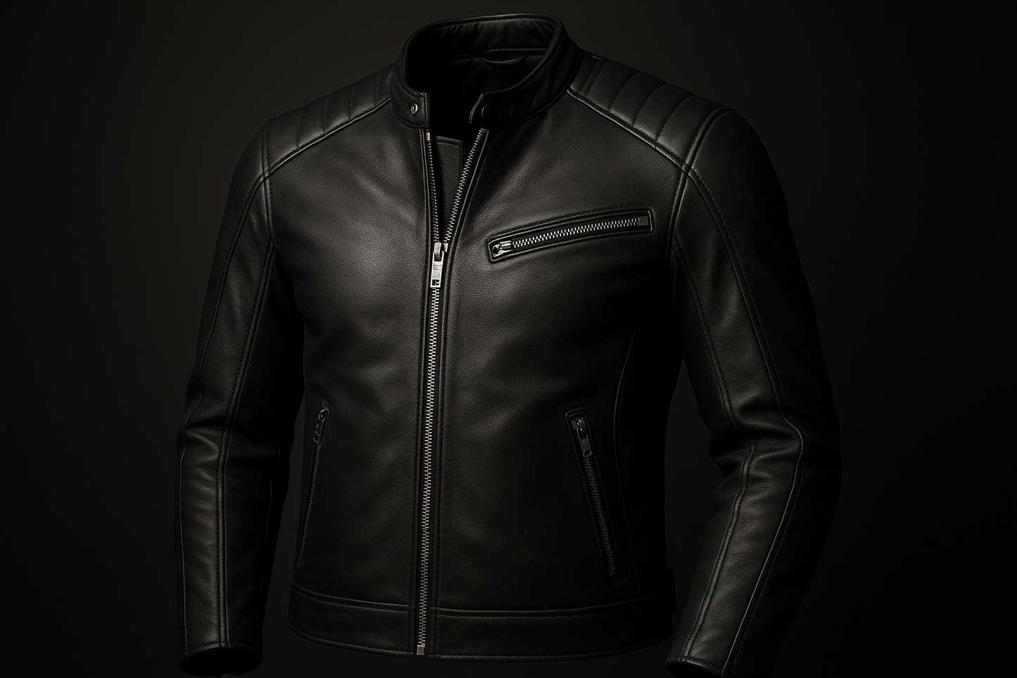 Front view of black custom leather motorbike jacket handmade by RevLeath