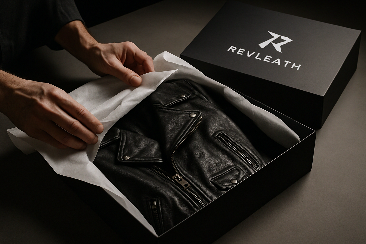 Alternative cinematic packaging scene with Revleath logo