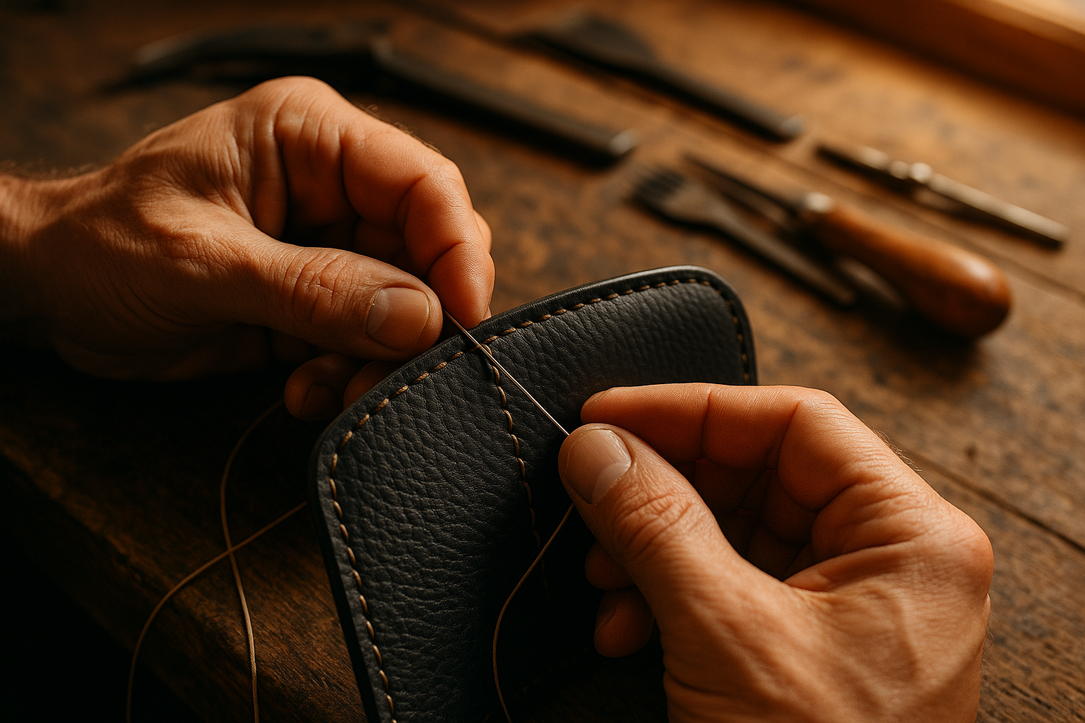 Artisan hands working on leather
