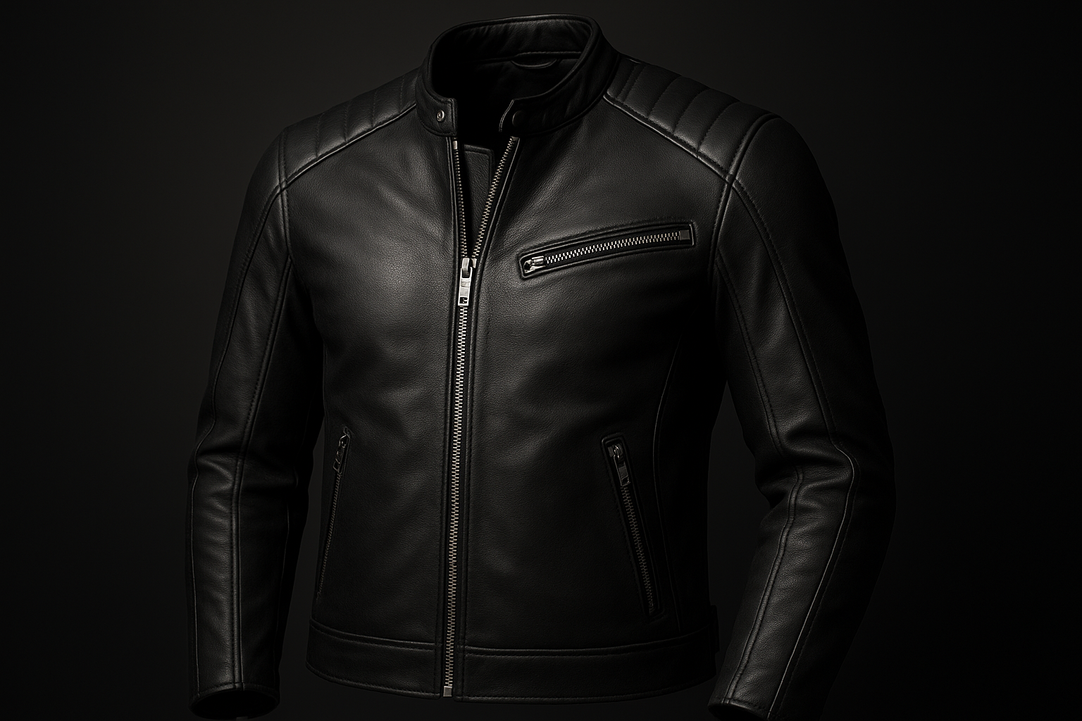 Ultra-realistic premium black leather biker jacket